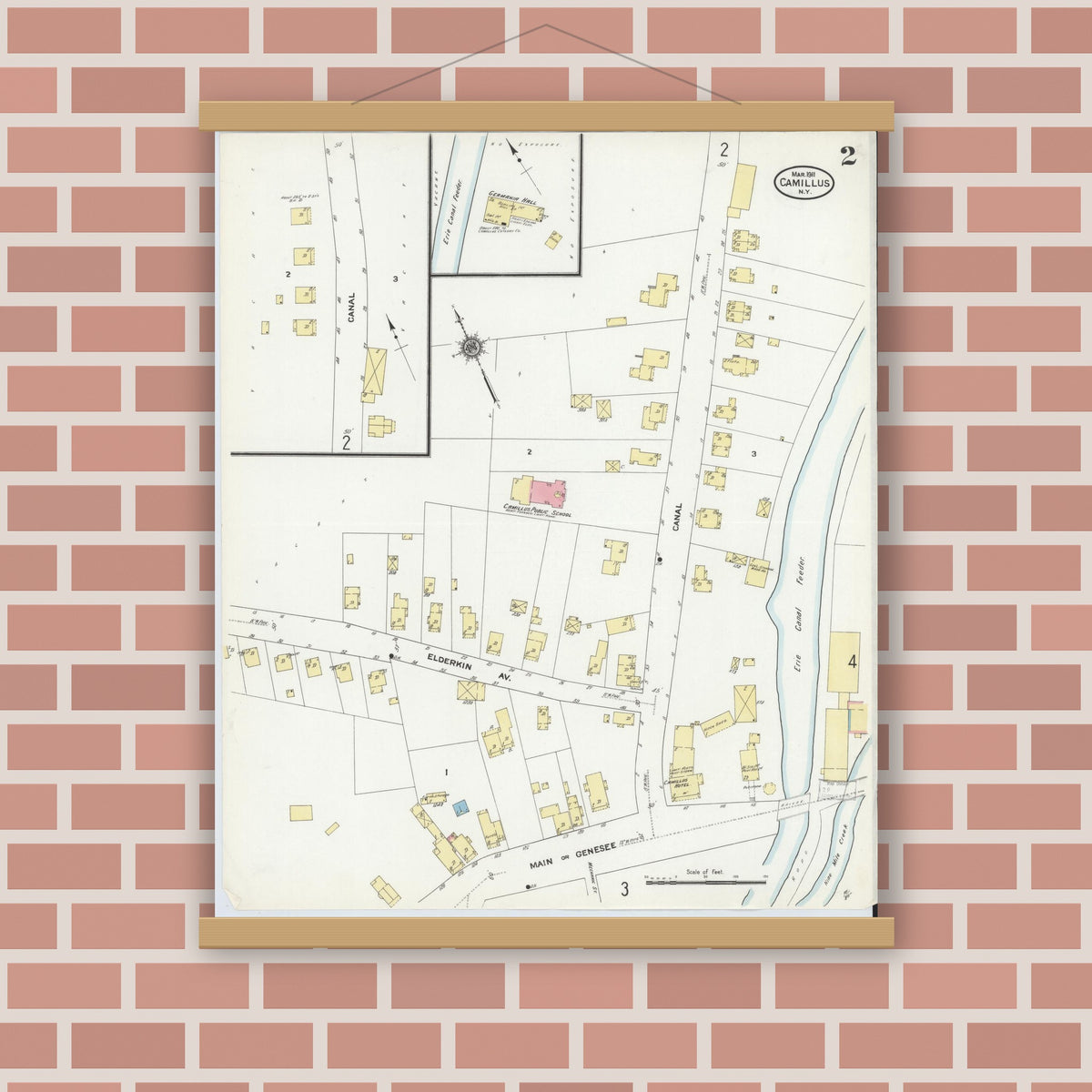 Old map wall art mockup — magnetic wood frame on brick wall — Sanborn Fire Insurance Map from Camillus, Onondaga County, New York (1911), Sheet #0002