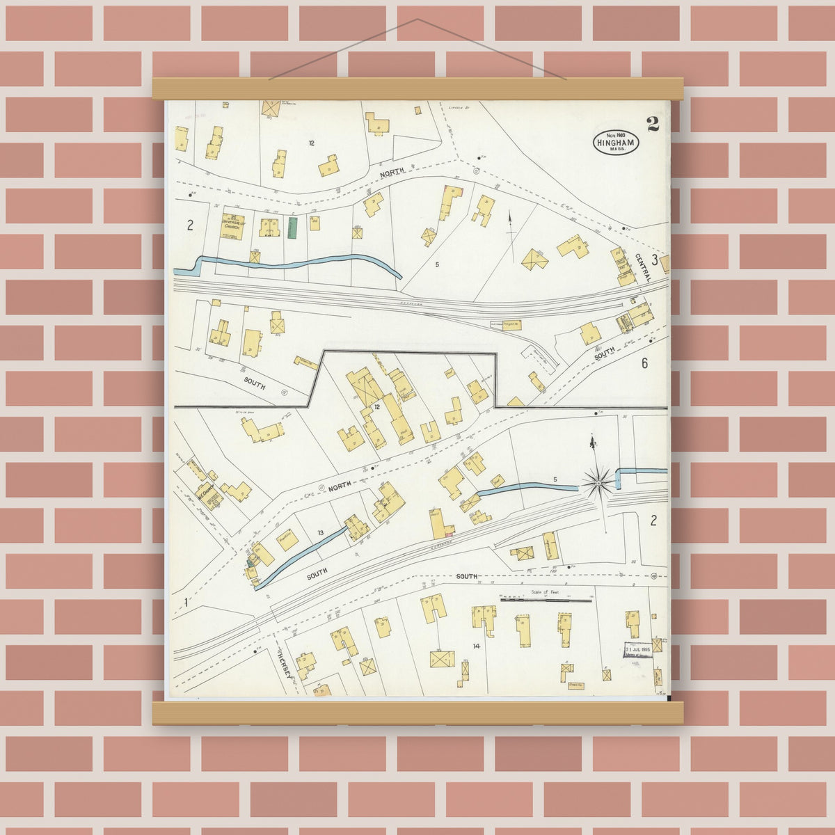 Old map wall art mockup — magnetic wood frame on brick wall — Sanborn Fire Insurance Map from Hingham, Plymouth County, Massachusetts (1903), Sheet #0002