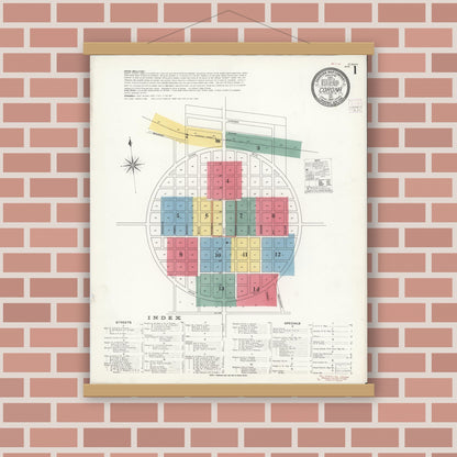 Old map wall art mockup — magnetic wood frame on brick wall — Sanborn Fire Insurance Map from Corona, Riverside County, California (1907), Sheet #0001