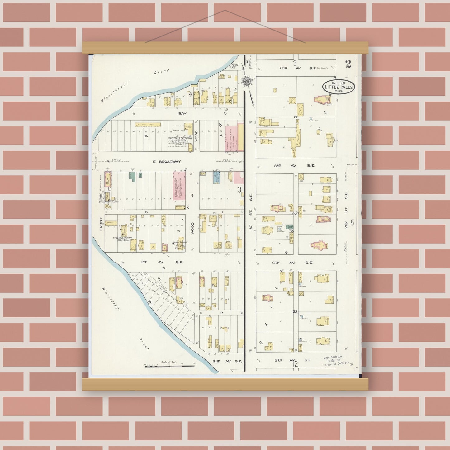 Old map wall art mockup — magnetic wood frame on brick wall — Sanborn Fire Insurance Map from Little Falls, Morrison County, Minnesota (1909), Sheet #0002