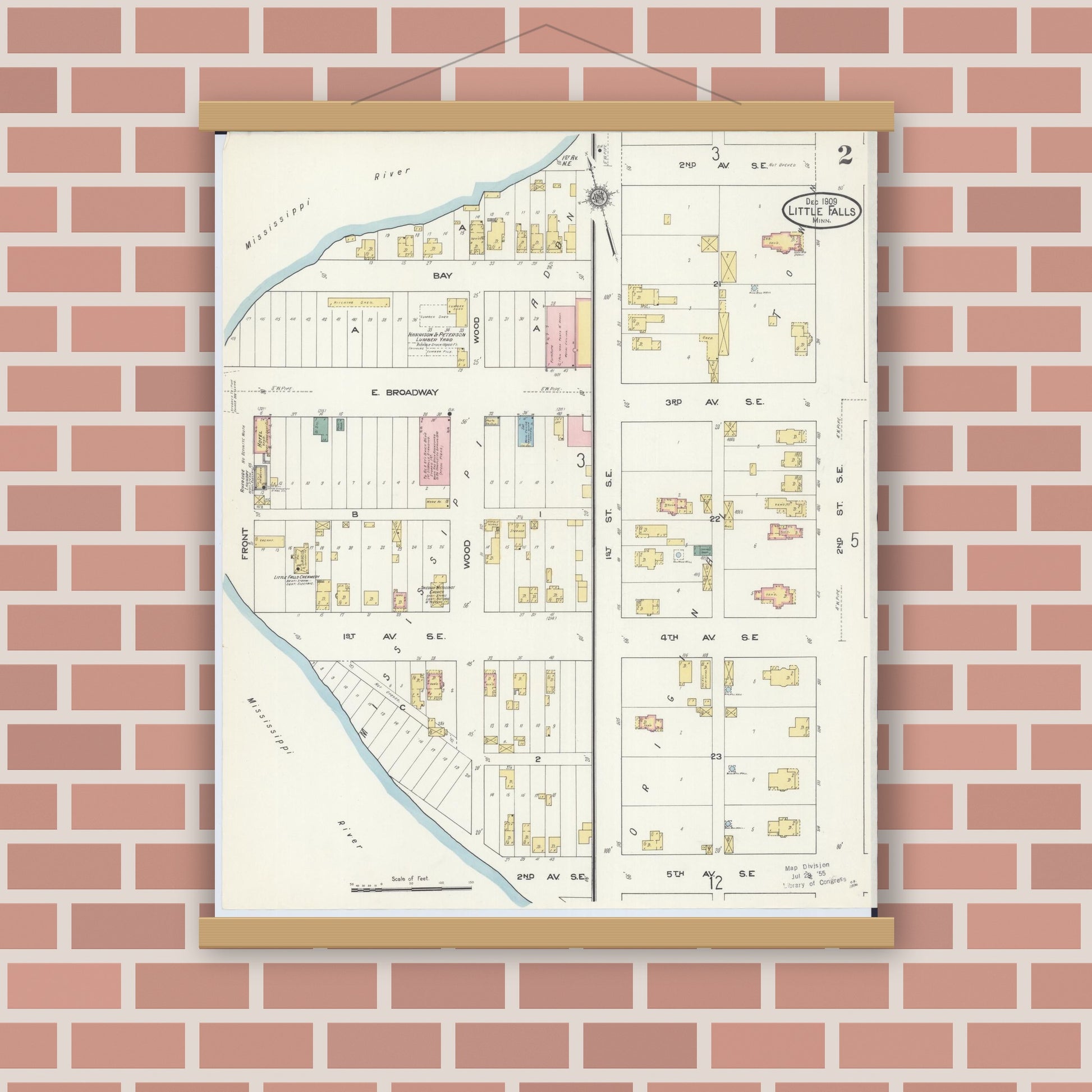 Old map wall art mockup — magnetic wood frame on brick wall — Sanborn Fire Insurance Map from Little Falls, Morrison County, Minnesota (1909), Sheet #0002