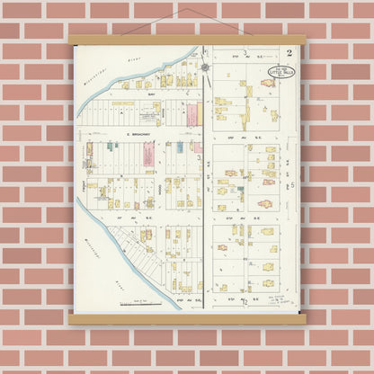 Old map wall art mockup — magnetic wood frame on brick wall — Sanborn Fire Insurance Map from Little Falls, Morrison County, Minnesota (1909), Sheet #0002