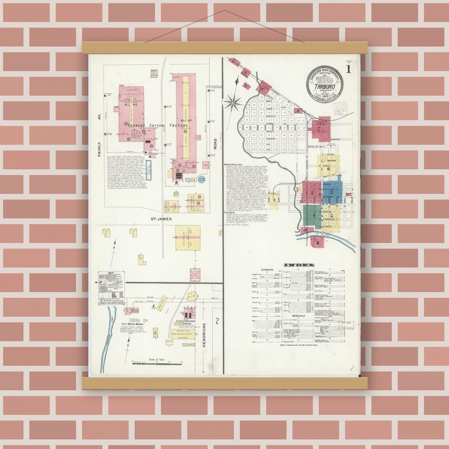 Old map wall art mockup — magnetic wood frame on brick wall — Sanborn Fire Insurance Map from Tarboro, Edgecombe County, North Carolina (1908), Sheet #0001