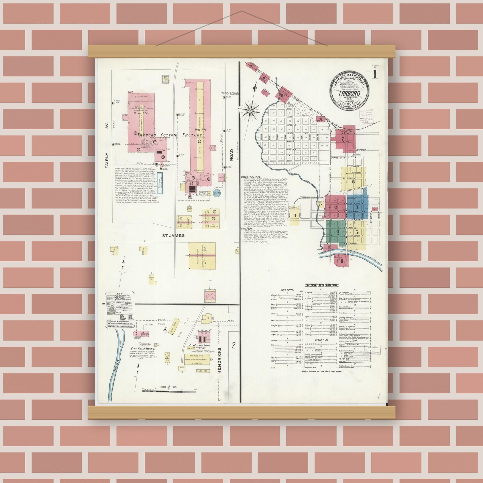 Old map wall art mockup — magnetic wood frame on brick wall — Sanborn Fire Insurance Map from Tarboro, Edgecombe County, North Carolina (1908), Sheet #0001