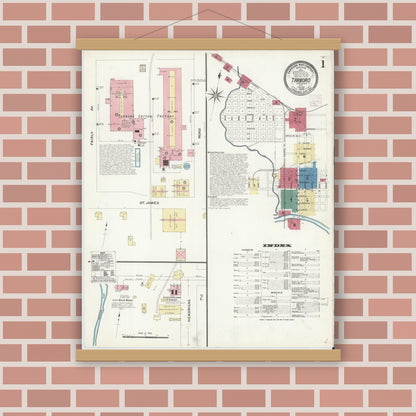 Old map wall art mockup — magnetic wood frame on brick wall — Sanborn Fire Insurance Map from Tarboro, Edgecombe County, North Carolina (1908), Sheet #0001