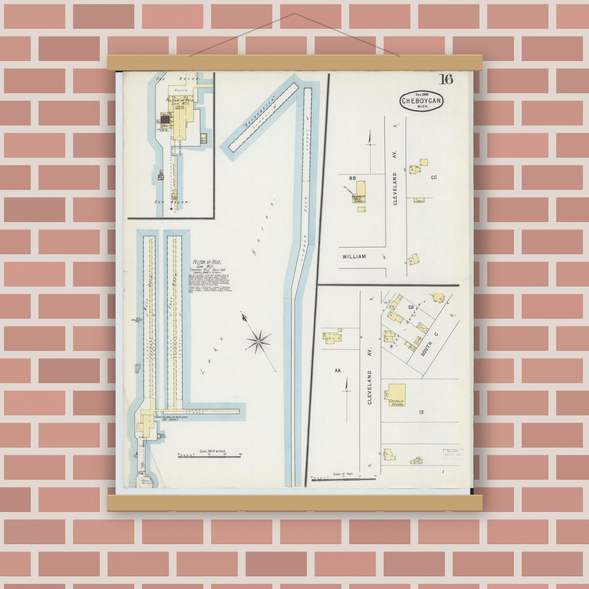 Old map wall art mockup — magnetic wood frame on brick wall — Sanborn Fire Insurance Map from Cheboygan, Cheboygan County, Michigan (1895), Sheet #0016