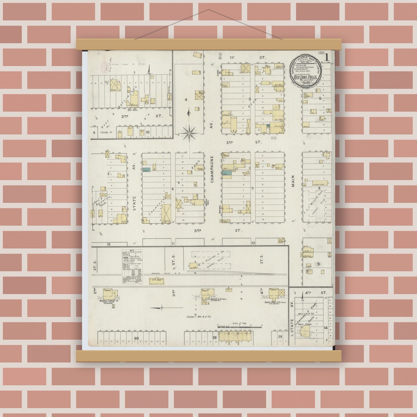 Old map wall art mockup — magnetic wood frame on brick wall — Sanborn Fire Insurance Map from Red Lake Falls, Red Lake County, Minnesota (1894) - Complete Map Set