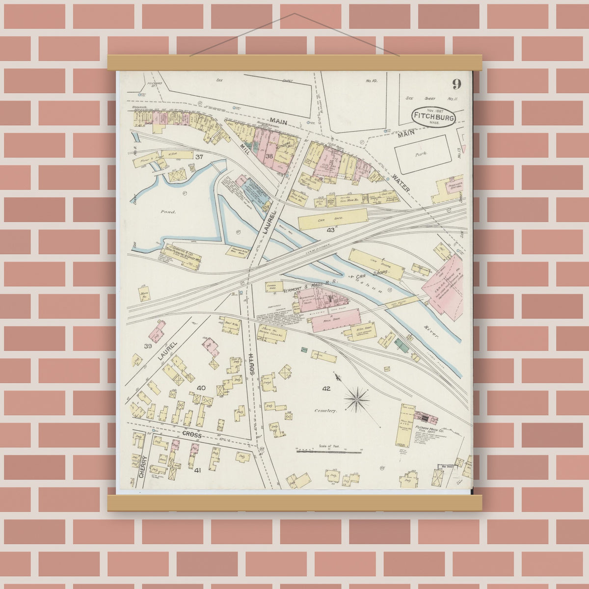 Old map wall art mockup — magnetic wood frame on brick wall — Sanborn Fire Insurance Map from Fitchburg, Worcester County, Massachusetts (1887), Sheet #0009