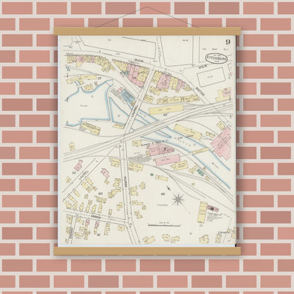 Old map wall art mockup — magnetic wood frame on brick wall — Sanborn Fire Insurance Map from Fitchburg, Worcester County, Massachusetts (1887), Sheet #0009