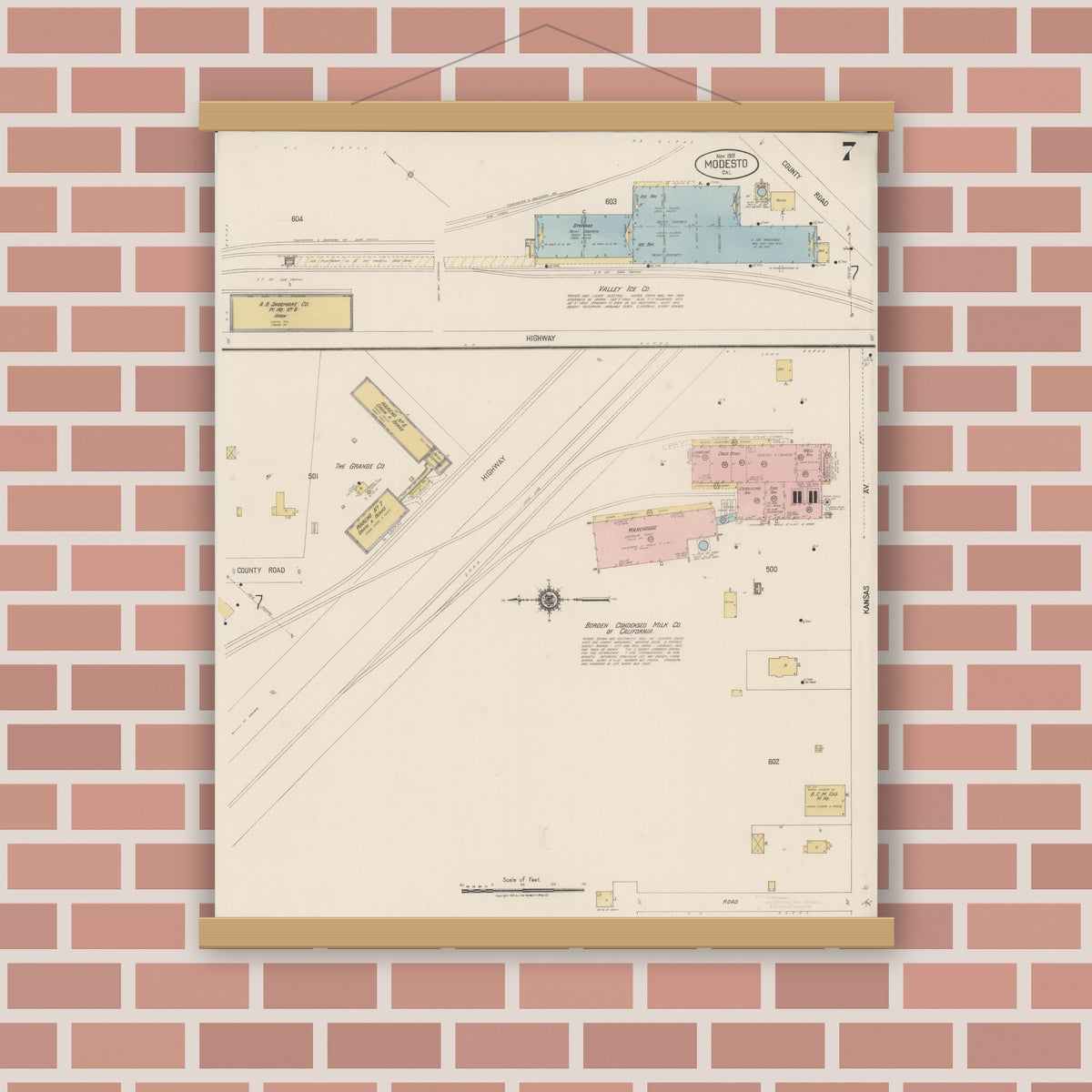 Old map wall art mockup — magnetic wood frame on brick wall — Sanborn Fire Insurance Map from Modesto, Stanislaus County, California (1919), Sheet #0007