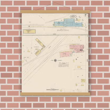 Old map wall art mockup — magnetic wood frame on brick wall — Sanborn Fire Insurance Map from Modesto, Stanislaus County, California (1919), Sheet #0007