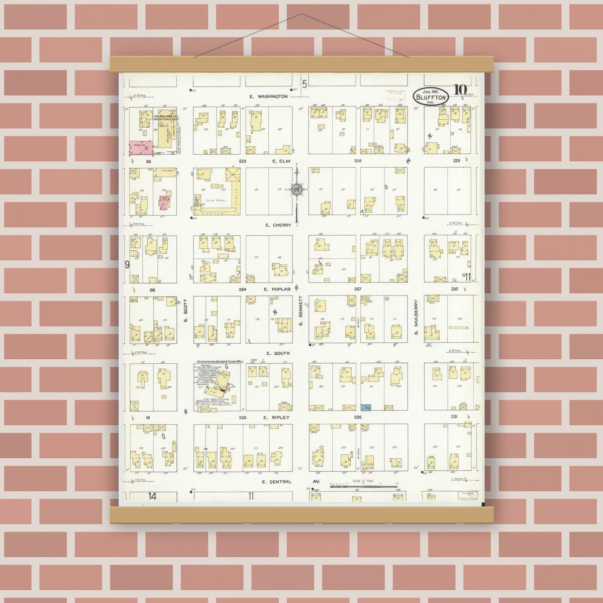 Old map wall art mockup — magnetic wood frame on brick wall — Sanborn Fire Insurance Map from Bluffton, Wells County, Indiana (1912), Sheet #0010