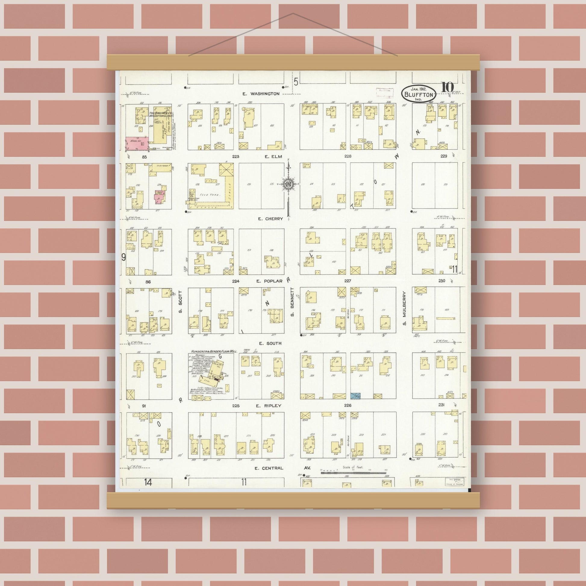 Old map wall art mockup — magnetic wood frame on brick wall — Sanborn Fire Insurance Map from Bluffton, Wells County, Indiana (1912), Sheet #0010