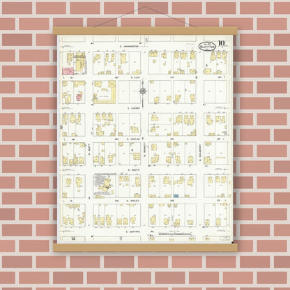 Old map wall art mockup — magnetic wood frame on brick wall — Sanborn Fire Insurance Map from Bluffton, Wells County, Indiana (1912), Sheet #0010