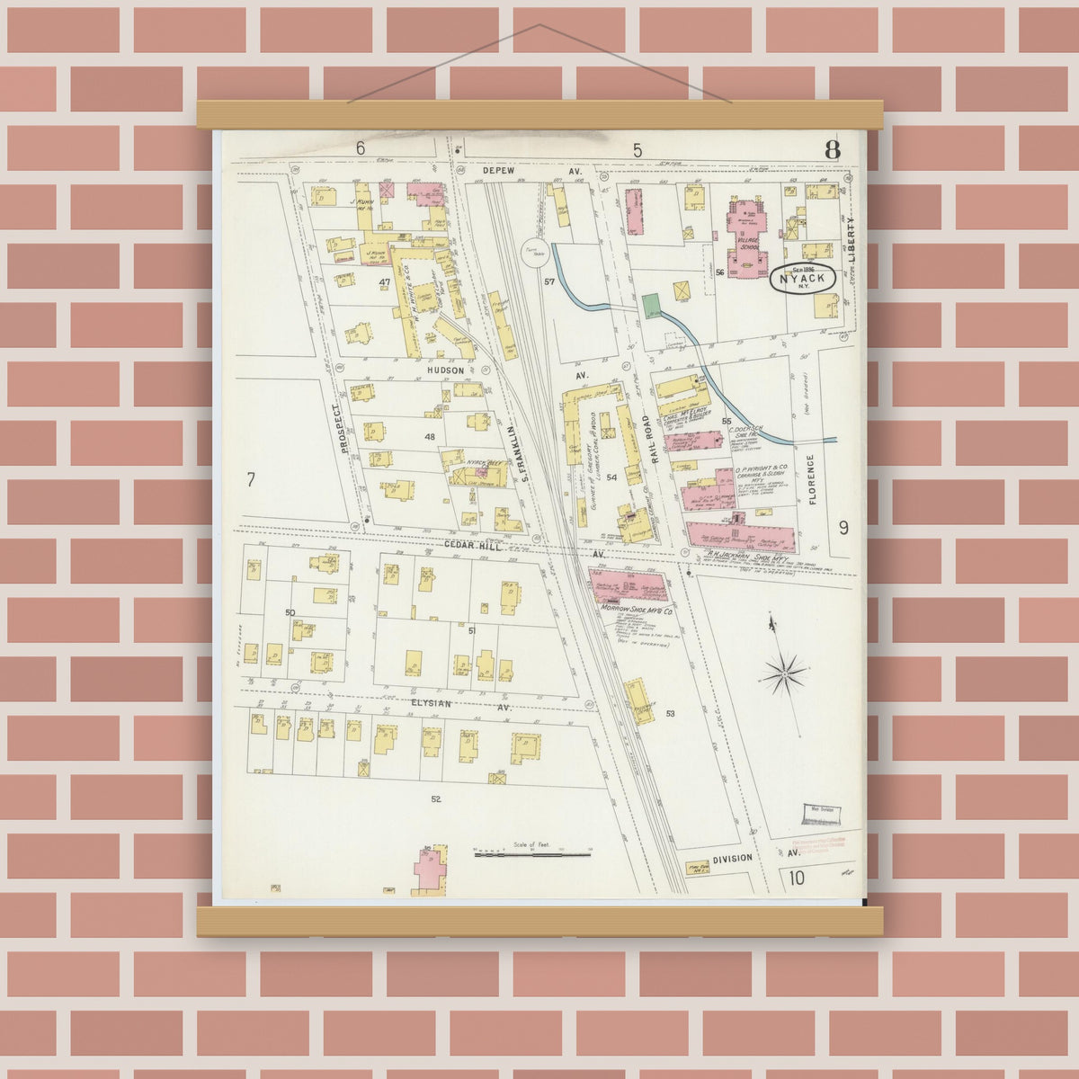 Old map wall art mockup — magnetic wood frame on brick wall — Sanborn Fire Insurance Map from Nyack, Rockland County, New York (1896), Sheet #0008