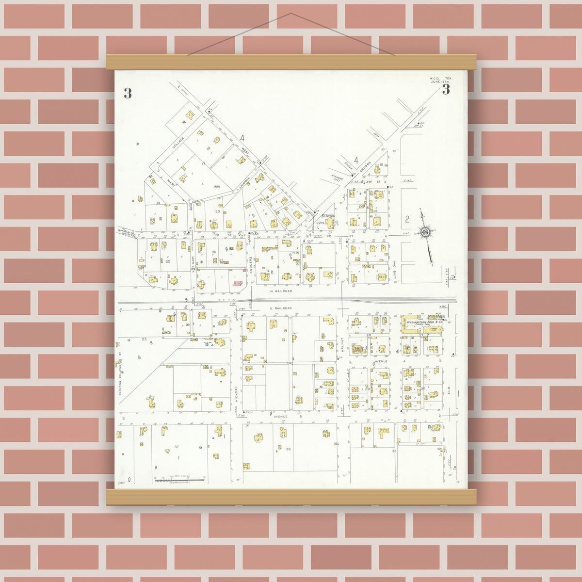 Old map wall art mockup — magnetic wood frame on brick wall — Sanborn Fire Insurance Map from Hico, Hamilton County, Texas (1934), Sheet #0003
