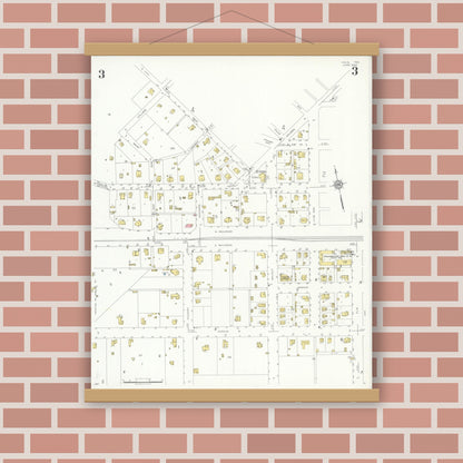 Old map wall art mockup — magnetic wood frame on brick wall — Sanborn Fire Insurance Map from Hico, Hamilton County, Texas (1934), Sheet #0003