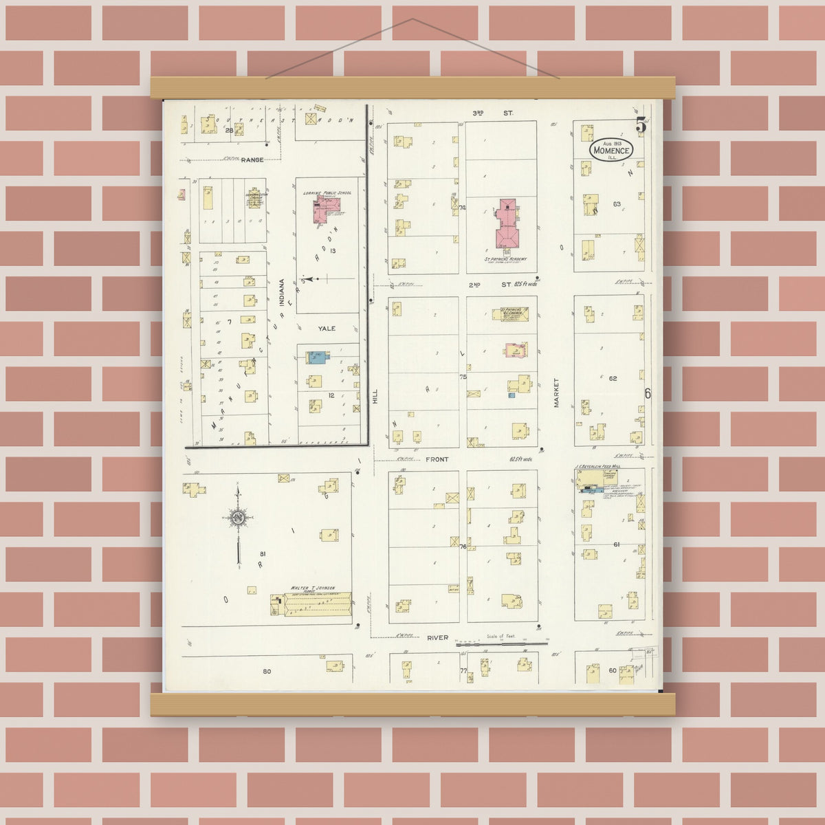 Old map wall art mockup — magnetic wood frame on brick wall — Sanborn Fire Insurance Map from Momence, Kankakee County, Illinois (1913), Sheet #0005