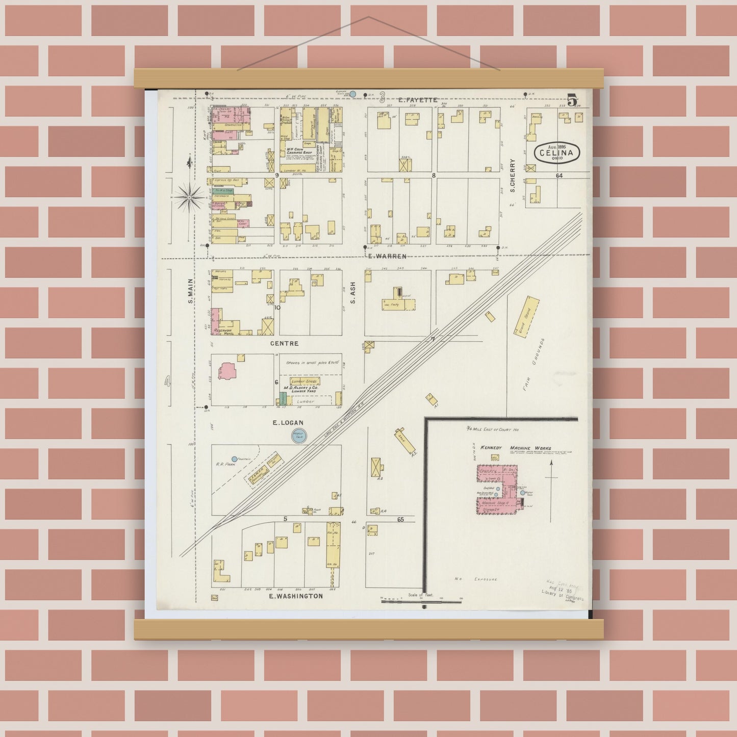 Old map wall art mockup — magnetic wood frame on brick wall — Sanborn Fire Insurance Map from Celina, Mercer County, Ohio (1895), Sheet #0005