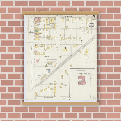 Old map wall art mockup — magnetic wood frame on brick wall — Sanborn Fire Insurance Map from Celina, Mercer County, Ohio (1895), Sheet #0005