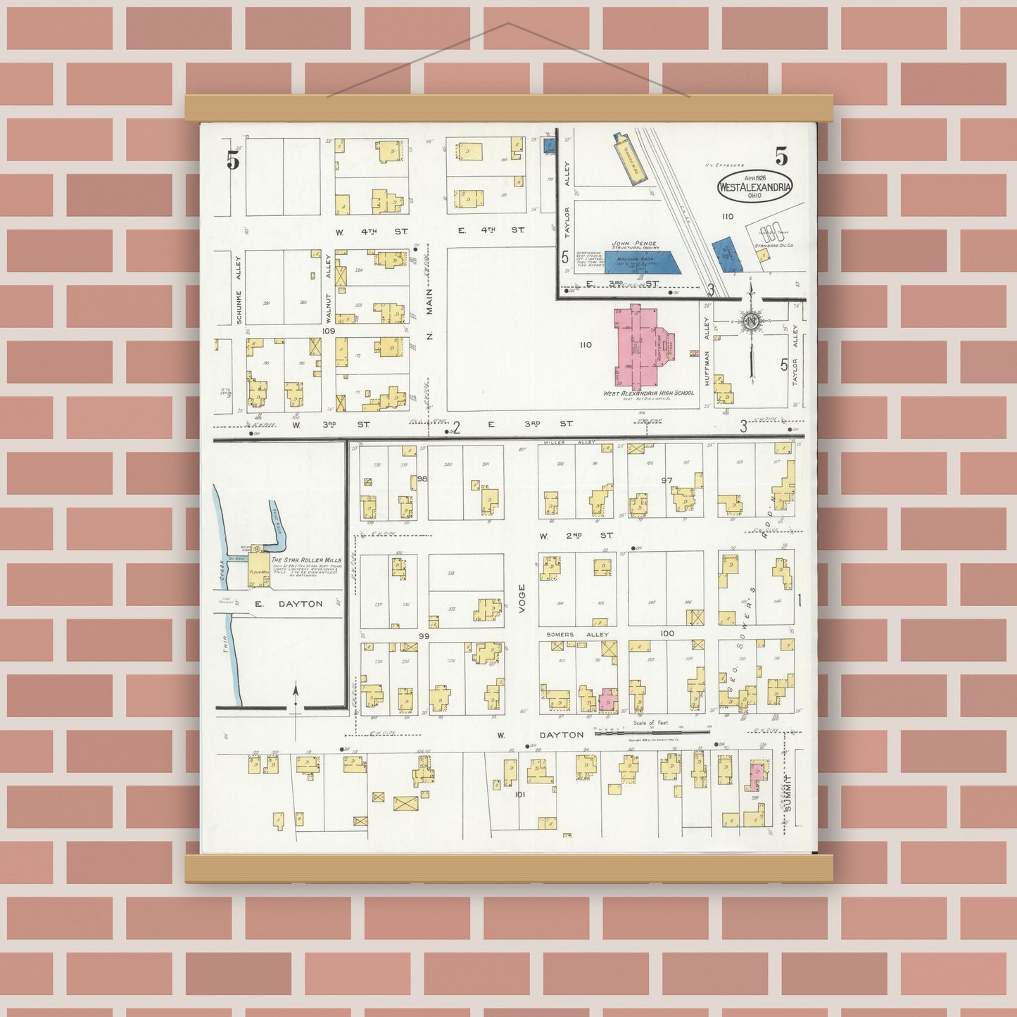 Old map wall art mockup — magnetic wood frame on brick wall — Sanborn Fire Insurance Map from West Alexandria, Preble County, Ohio (1926), Sheet #0005