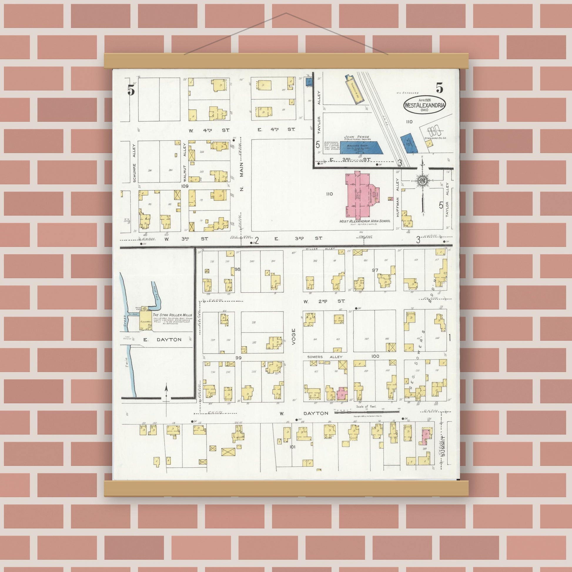 Old map wall art mockup — magnetic wood frame on brick wall — Sanborn Fire Insurance Map from West Alexandria, Preble County, Ohio (1926), Sheet #0005