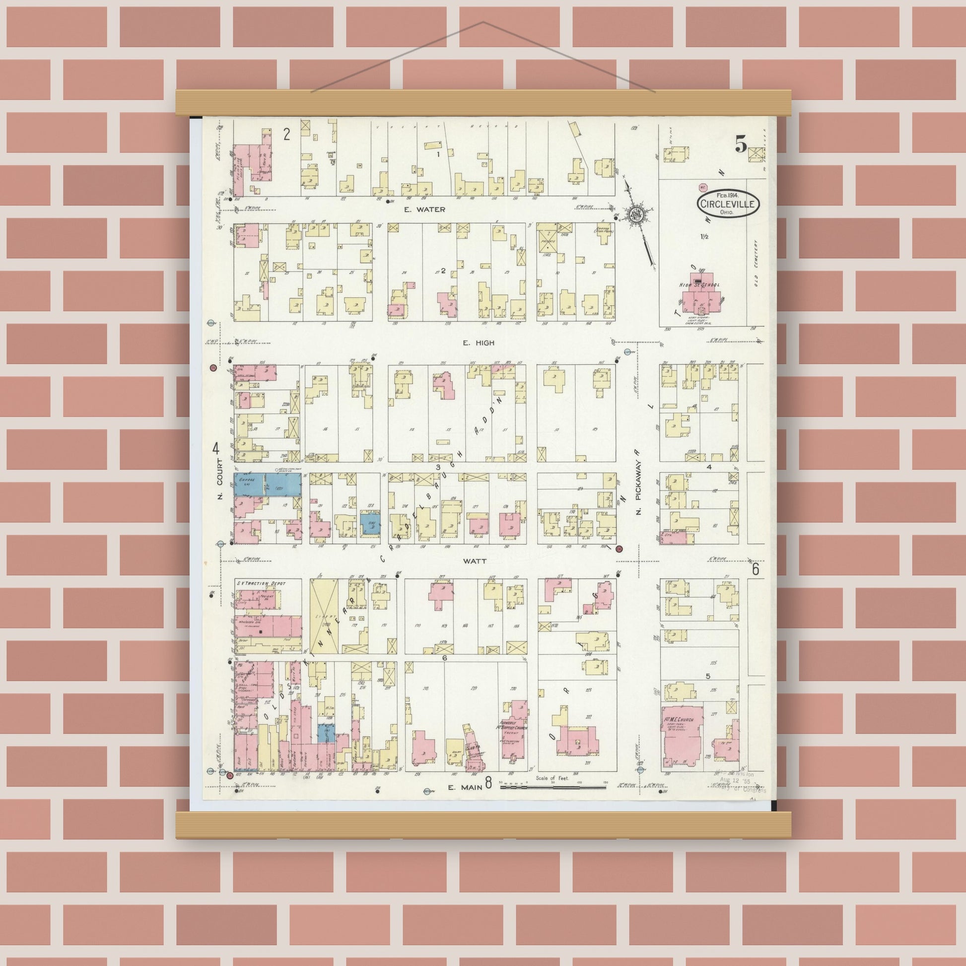 Old map wall art mockup — magnetic wood frame on brick wall — Sanborn Fire Insurance Map from Circleville, Pickaway County, Ohio (1914), Sheet #0005