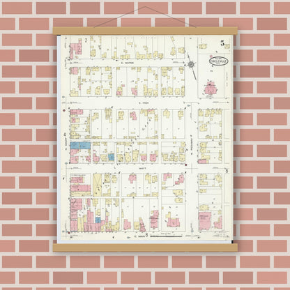 Old map wall art mockup — magnetic wood frame on brick wall — Sanborn Fire Insurance Map from Circleville, Pickaway County, Ohio (1914), Sheet #0005