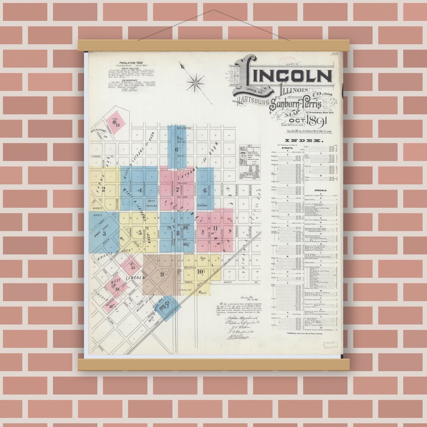 Old map wall art mockup — magnetic wood frame on brick wall — Sanborn Fire Insurance Map from Lincoln, Logan County, Illinois (1891) - Complete Map Set