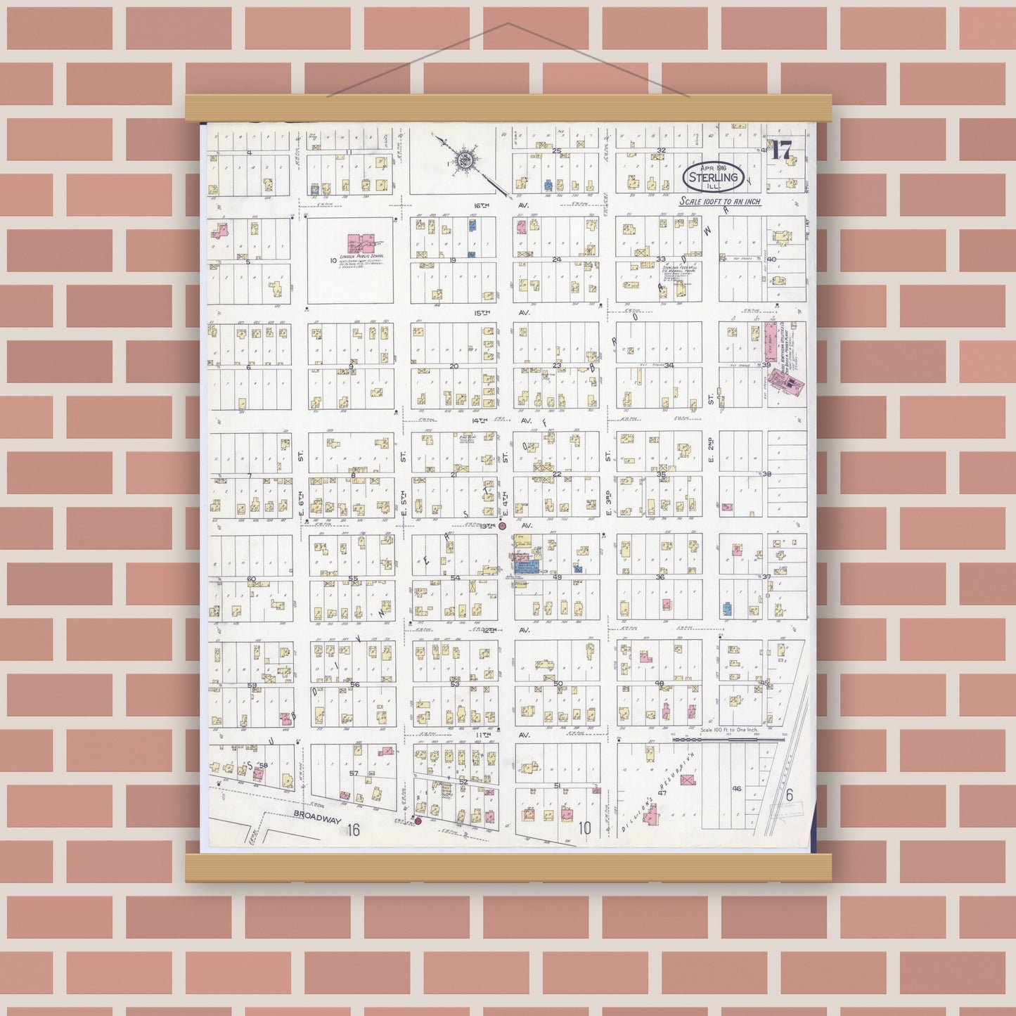 Old map wall art mockup — magnetic wood frame on brick wall — Sanborn Fire Insurance Map from Sterling, Whiteside County, Illinois (1916), Sheet #0017