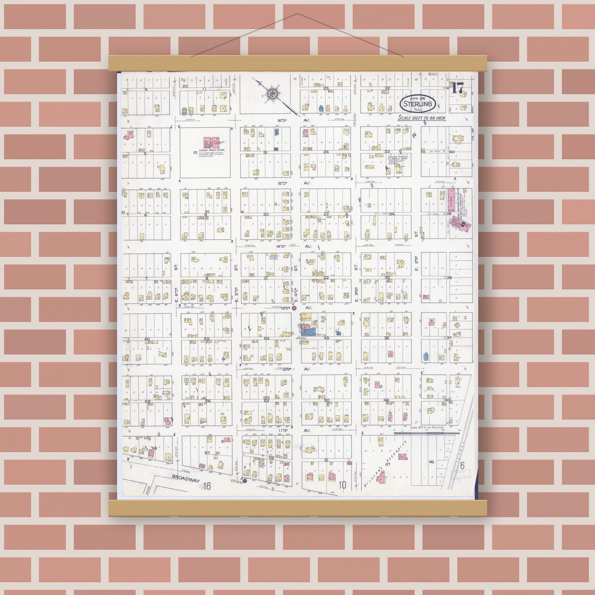 Old map wall art mockup — magnetic wood frame on brick wall — Sanborn Fire Insurance Map from Sterling, Whiteside County, Illinois (1916), Sheet #0017