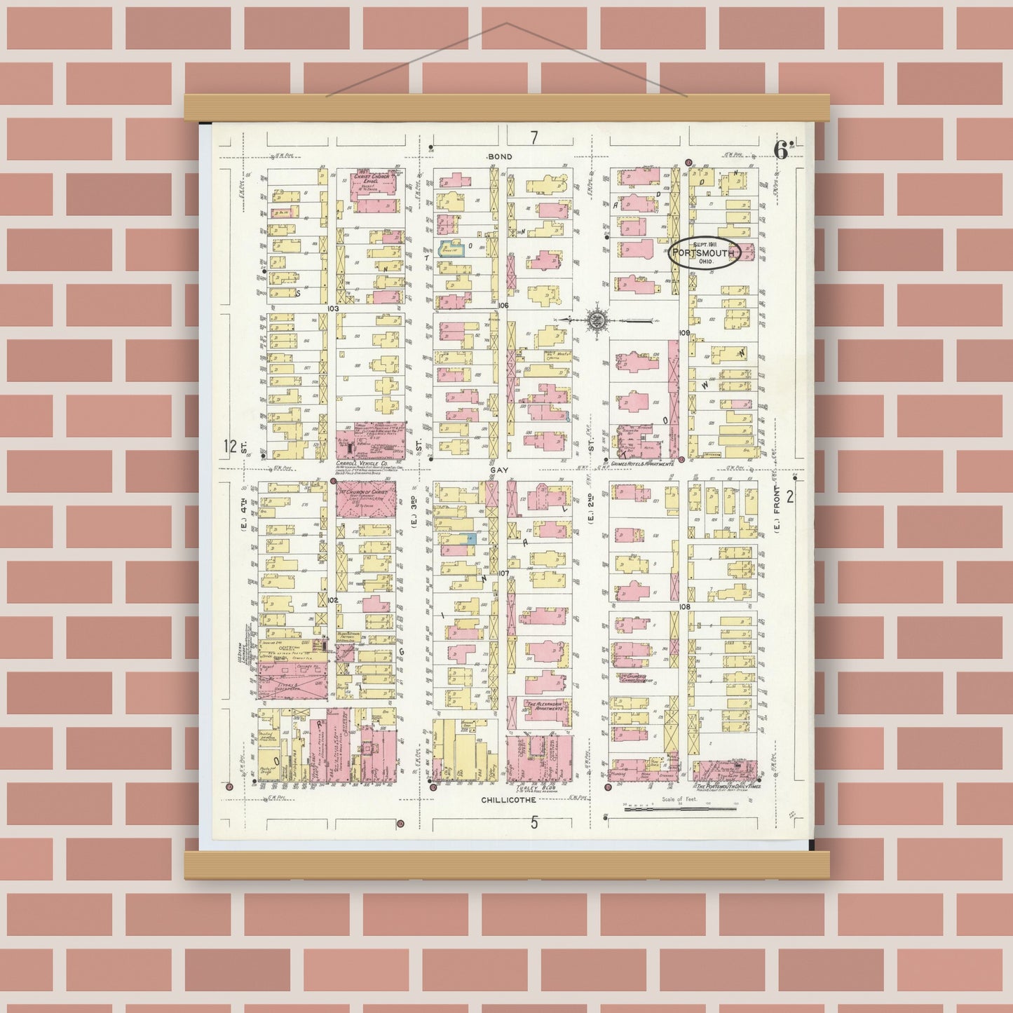 Old map wall art mockup — magnetic wood frame on brick wall — Sanborn Fire Insurance Map from Portsmouth, Scioto County, Ohio (1911), Sheet #0006