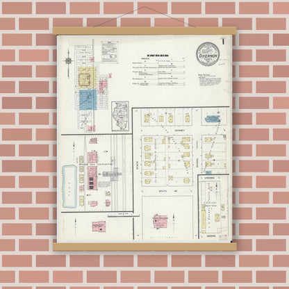 Old map wall art mockup — magnetic wood frame on brick wall — Sanborn Fire Insurance Map from Divernon, Sangamon County, Illinois (1914), Sheet #0001