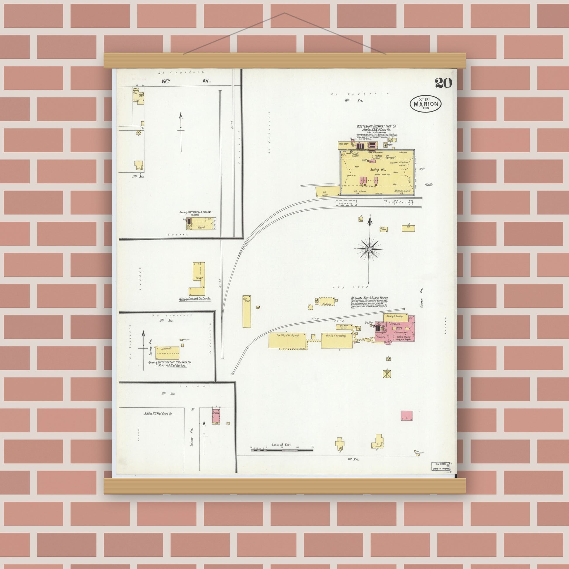 Old map wall art mockup — magnetic wood frame on brick wall — Sanborn Fire Insurance Map from Marion, Grant County, Indiana (1901), Sheet #0020