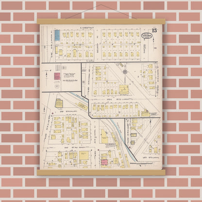 Old map wall art mockup — magnetic wood frame on brick wall — Sanborn Fire Insurance Map from Virginia, Saint Louis County, Minnesota (1921), Sheet #0015