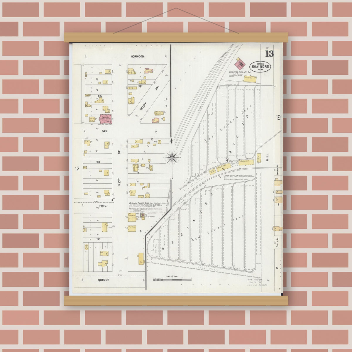 Old map wall art mockup — magnetic wood frame on brick wall — Sanborn Fire Insurance Map from Brainerd, Crow Wing County, Minnesota (1902), Sheet #0013