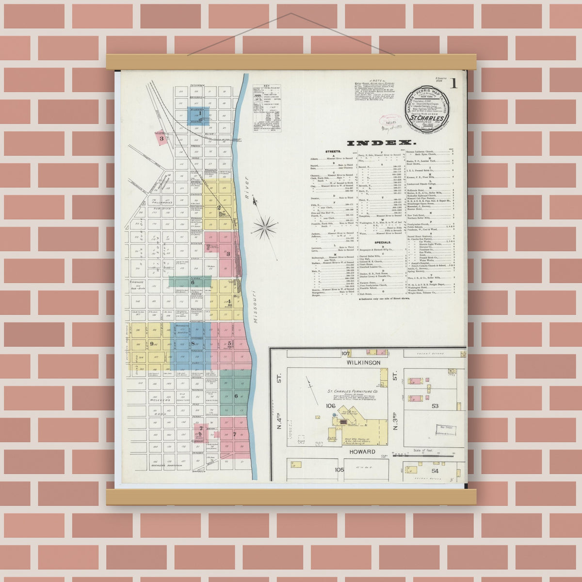 Old map wall art mockup — magnetic wood frame on brick wall — Sanborn Fire Insurance Map from Saint Charles, Saint Charles County, Missouri (1893) - Complete Map Set
