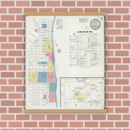 Old map wall art mockup — magnetic wood frame on brick wall — Sanborn Fire Insurance Map from Saint Charles, Saint Charles County, Missouri (1893) - Complete Map Set