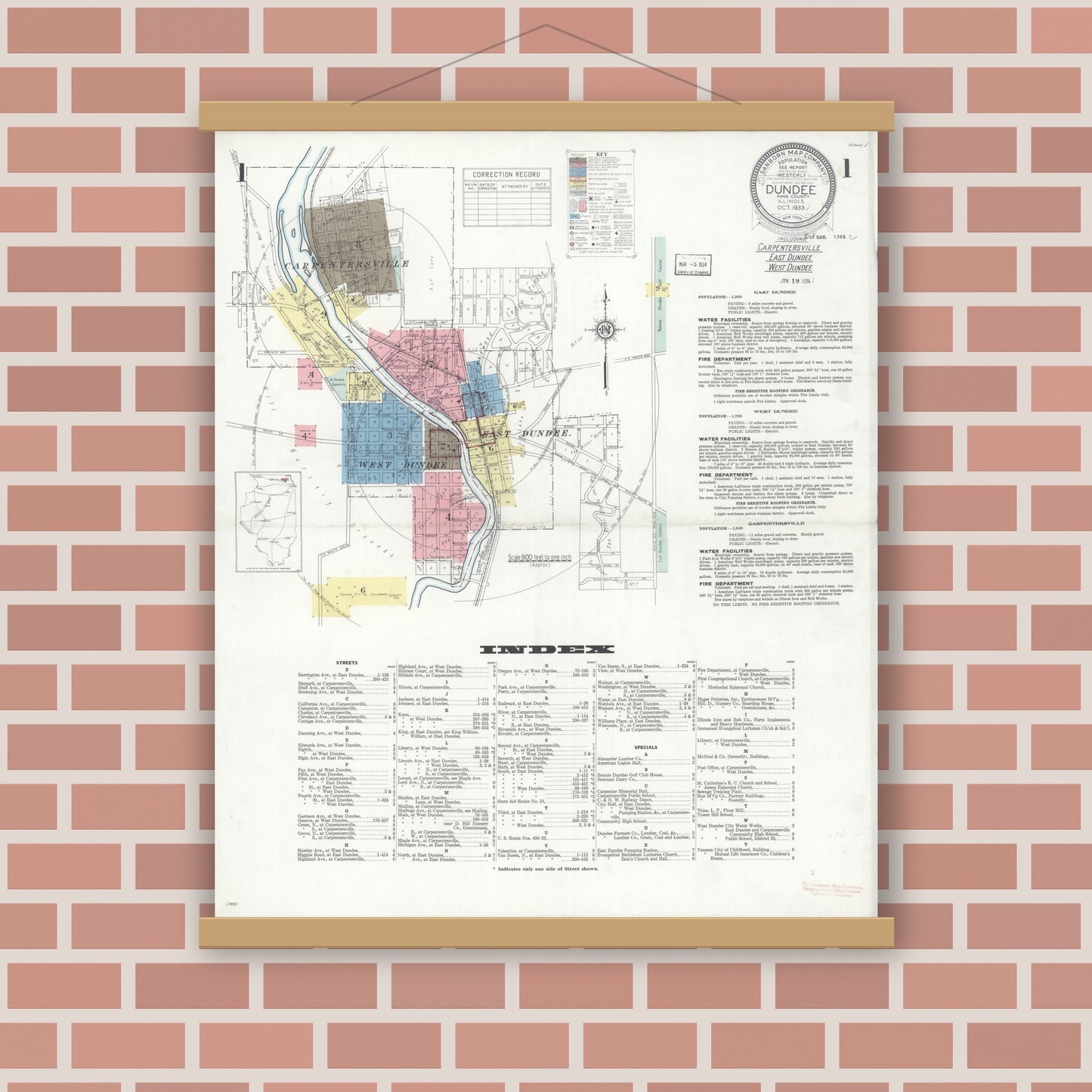 Old map wall art mockup — magnetic wood frame on brick wall — Sanborn Fire Insurance Map from Dundee, Kane County, Illinois (1933) - Complete Map Set