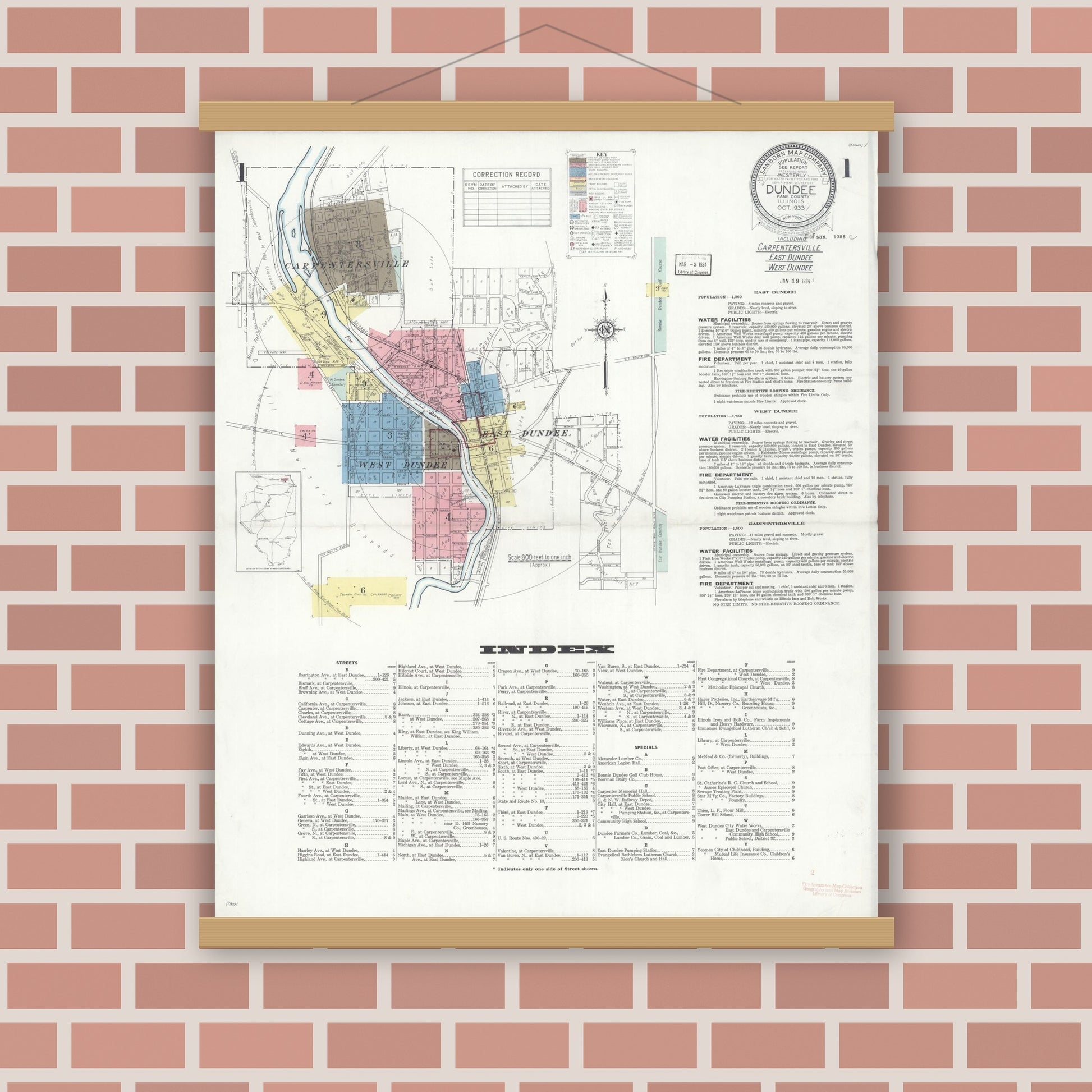 Old map wall art mockup — magnetic wood frame on brick wall — Sanborn Fire Insurance Map from Dundee, Kane County, Illinois (1933) - Complete Map Set