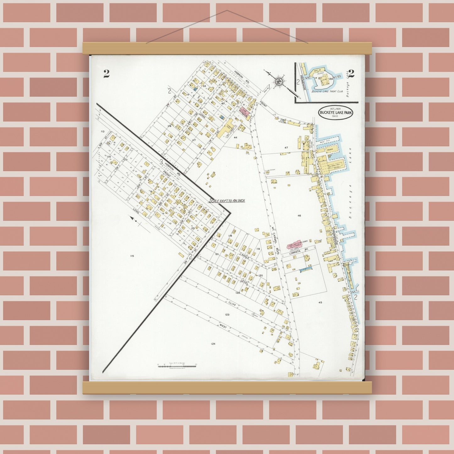 Old map wall art mockup — magnetic wood frame on brick wall — Sanborn Fire Insurance Map from Buckeye Lake, Licking County, Ohio (1929), Sheet #0002