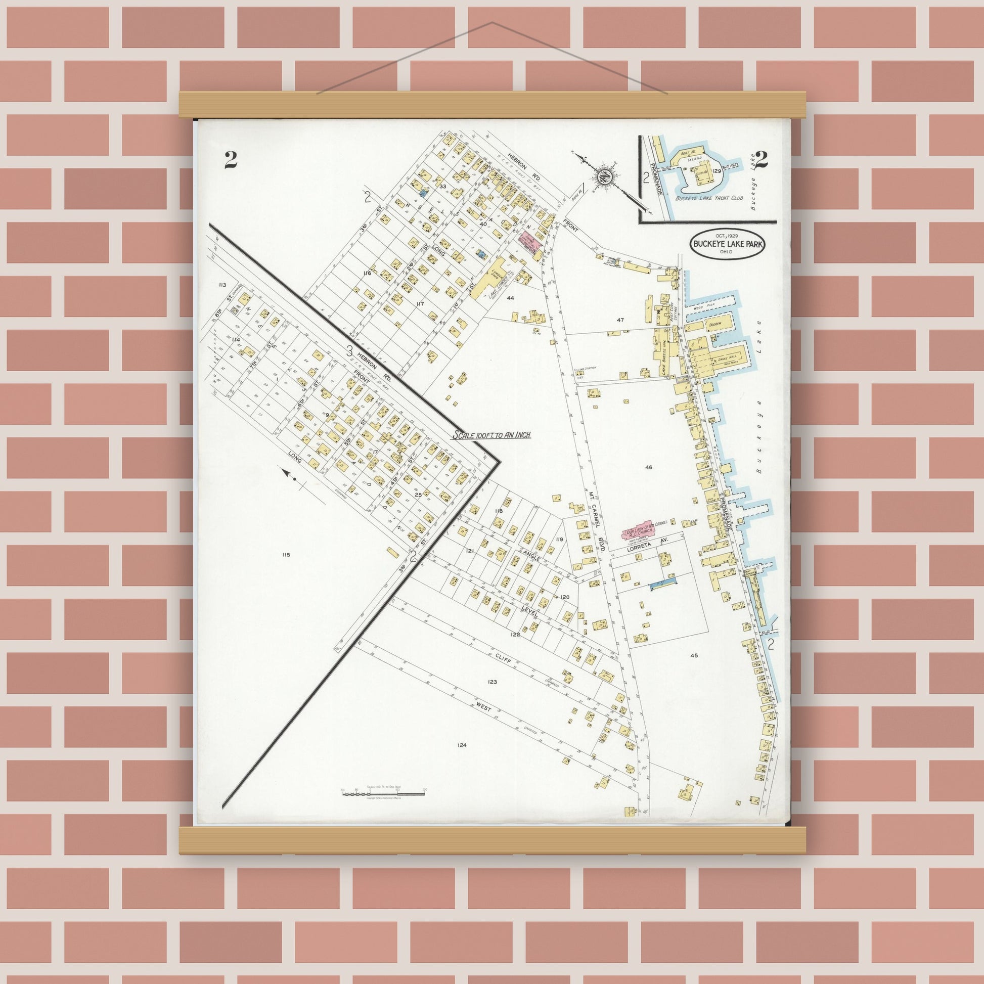 Old map wall art mockup — magnetic wood frame on brick wall — Sanborn Fire Insurance Map from Buckeye Lake, Licking County, Ohio (1929), Sheet #0002