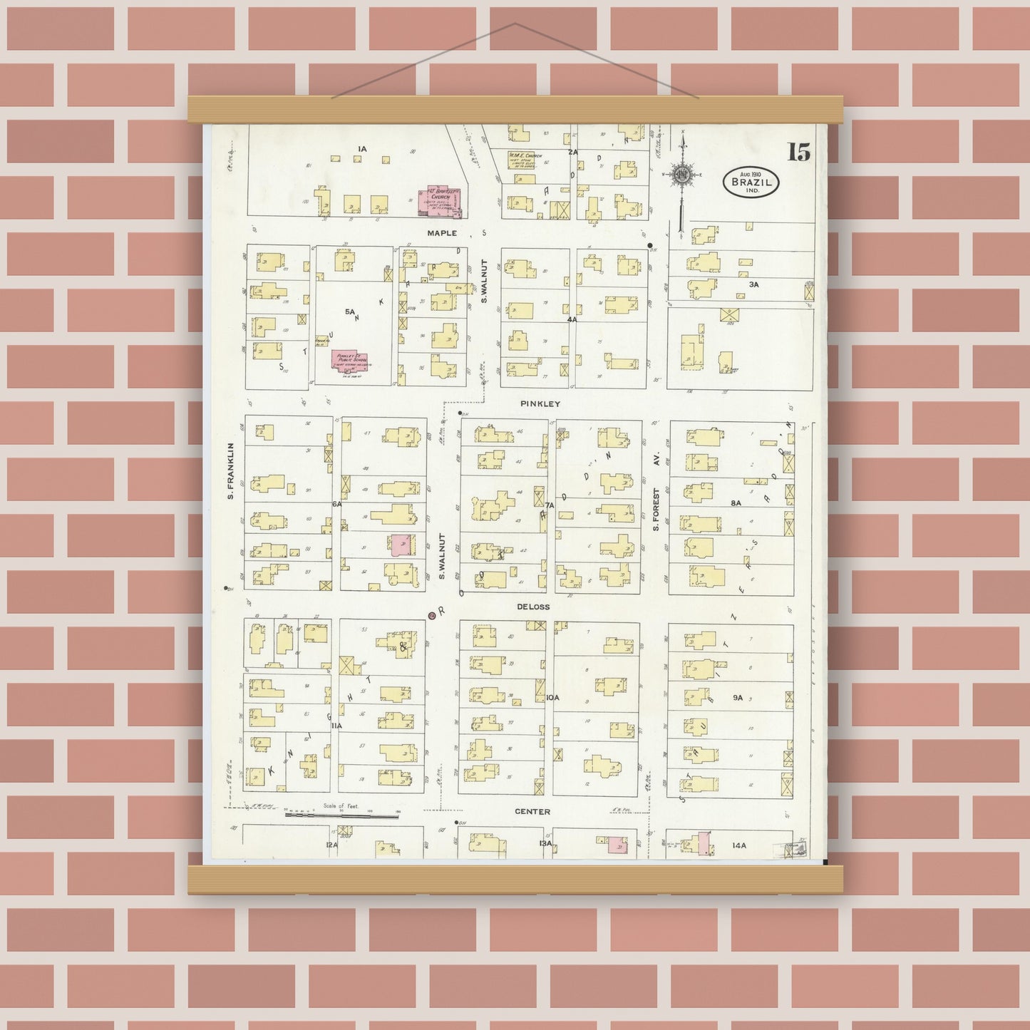 Old map wall art mockup — magnetic wood frame on brick wall — Sanborn Fire Insurance Map from Brazil, Clay County, Indiana (1910), Sheet #0015