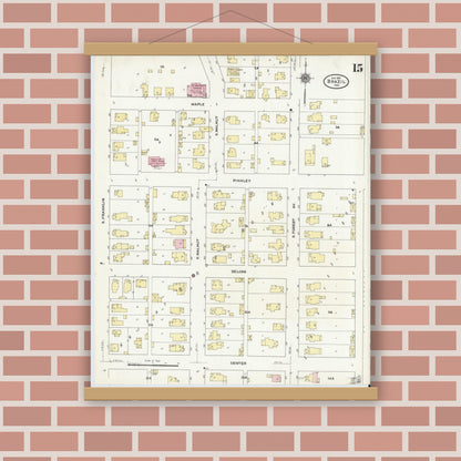 Old map wall art mockup — magnetic wood frame on brick wall — Sanborn Fire Insurance Map from Brazil, Clay County, Indiana (1910), Sheet #0015