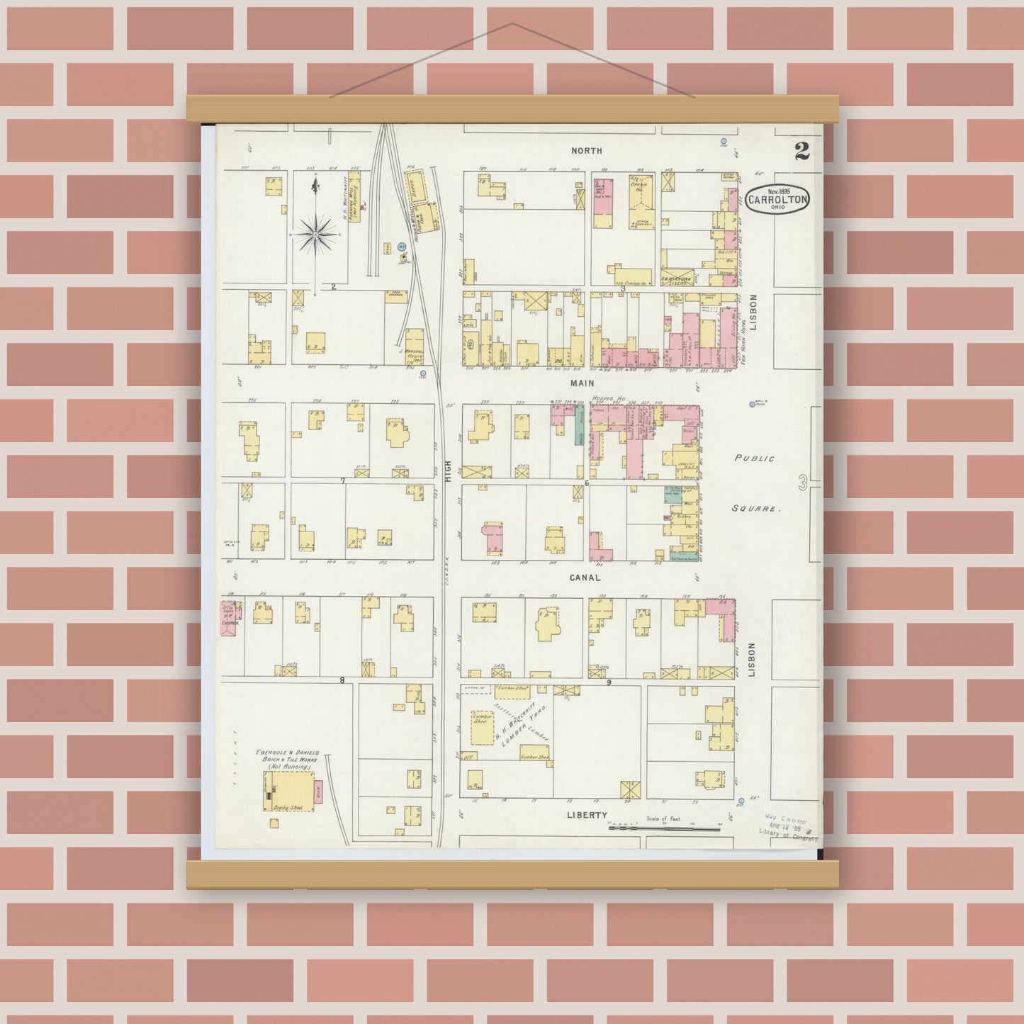 Old map wall art mockup — magnetic wood frame on brick wall — Sanborn Fire Insurance Map from Carrollton, Carroll County, Ohio (1895), Sheet #0002
