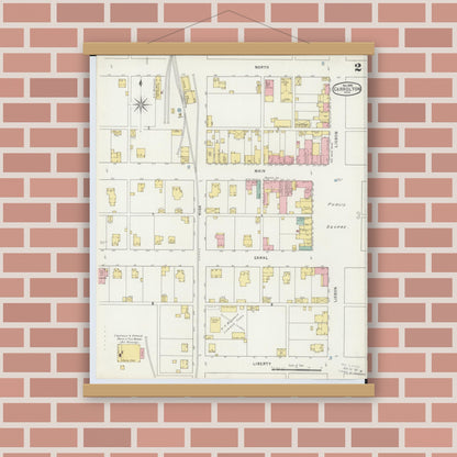 Old map wall art mockup — magnetic wood frame on brick wall — Sanborn Fire Insurance Map from Carrollton, Carroll County, Ohio (1895), Sheet #0002