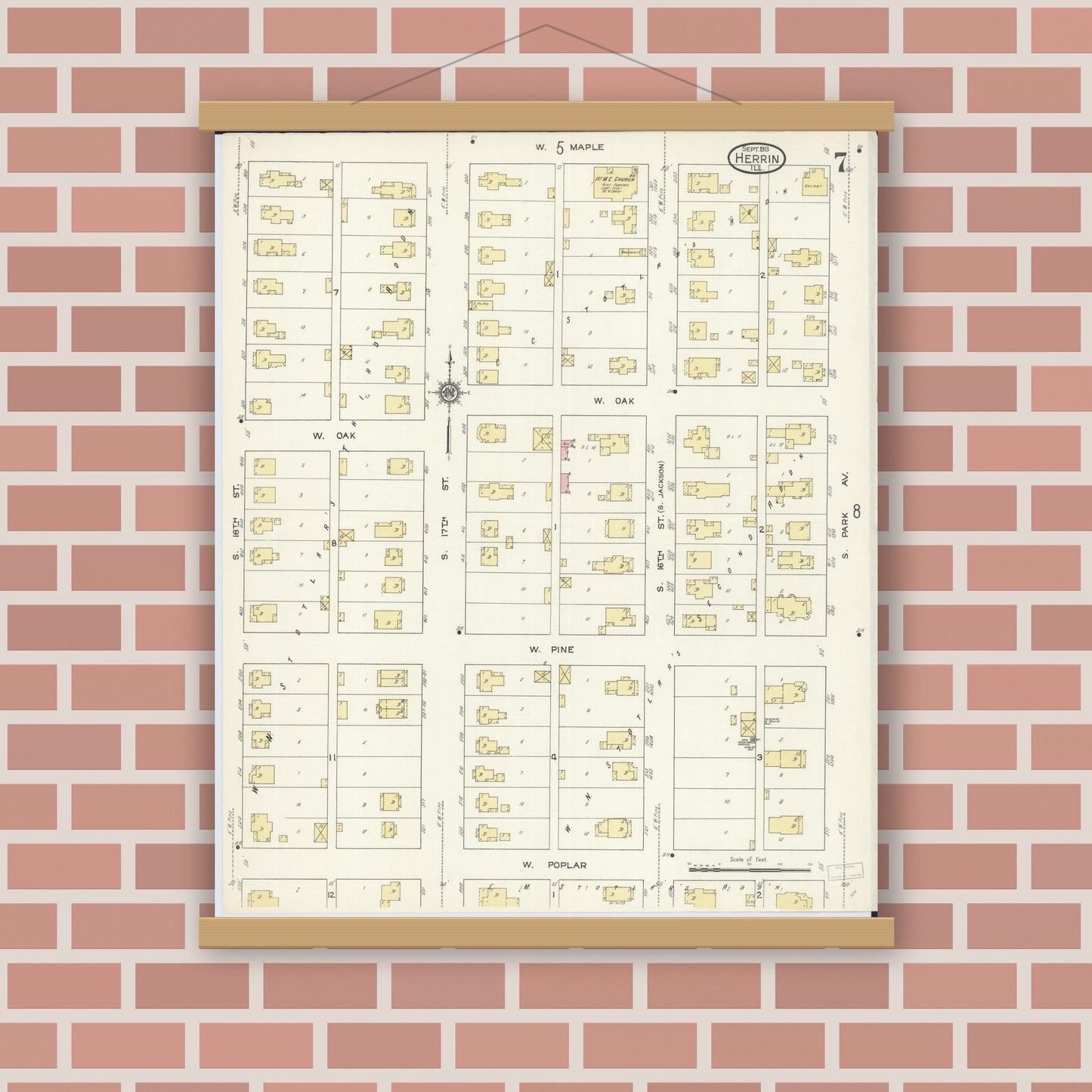 Old map wall art mockup — magnetic wood frame on brick wall — Sanborn Fire Insurance Map from Herrin, Williamson County, Illinois (1913), Sheet #0007