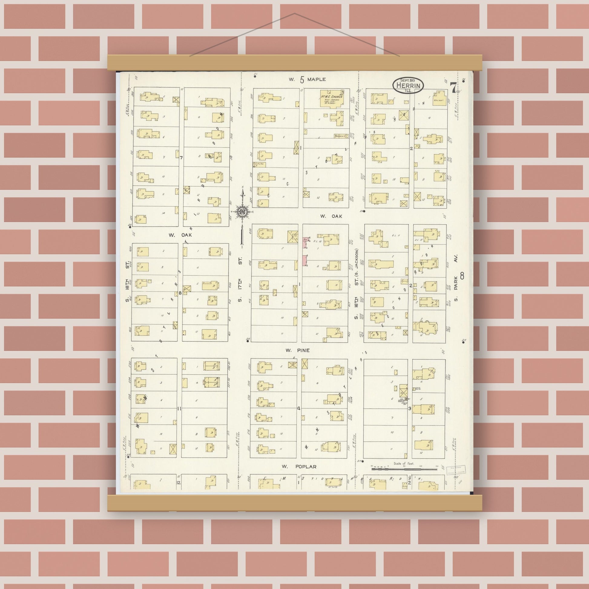 Old map wall art mockup — magnetic wood frame on brick wall — Sanborn Fire Insurance Map from Herrin, Williamson County, Illinois (1913), Sheet #0007