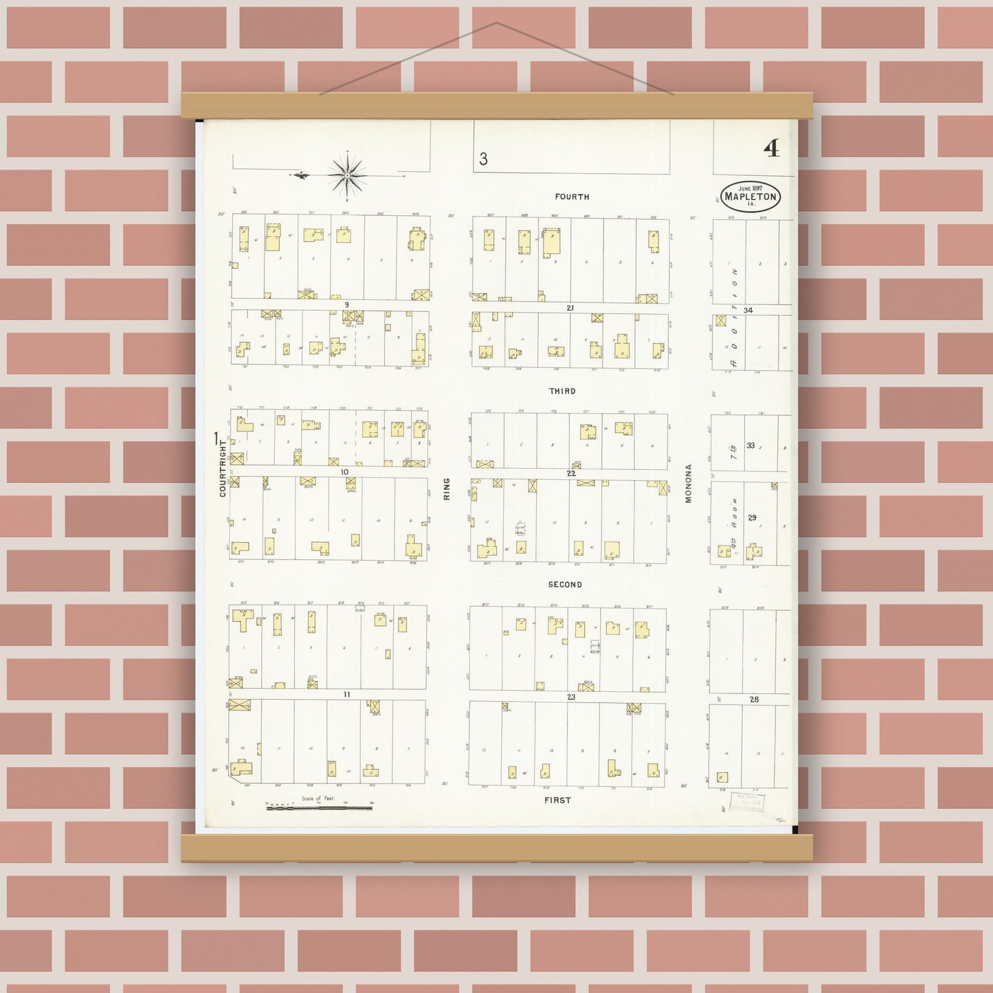 Old map wall art mockup — magnetic wood frame on brick wall — Sanborn Fire Insurance Map from Mapleton, Monona County, Iowa (1897), Sheet #0004