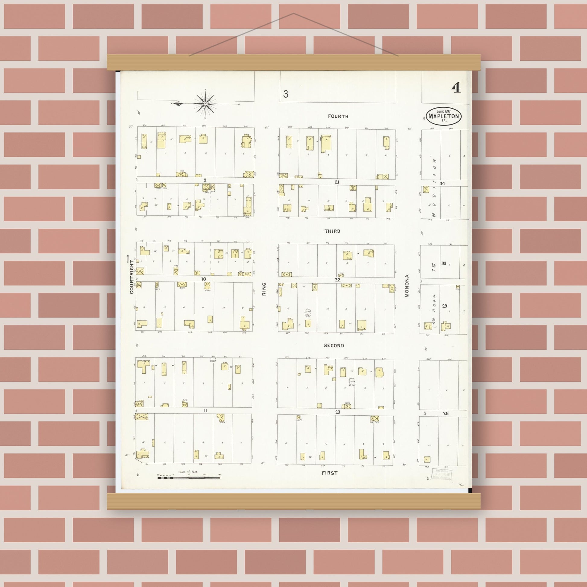 Old map wall art mockup — magnetic wood frame on brick wall — Sanborn Fire Insurance Map from Mapleton, Monona County, Iowa (1897), Sheet #0004